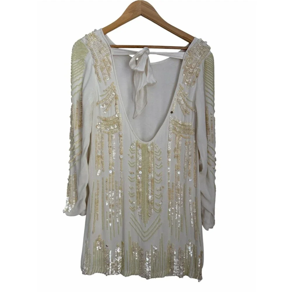 FREE PEOPLE LIMITED EDITION Ivory Art Deco Embellished Mini Dress Sequin Rare